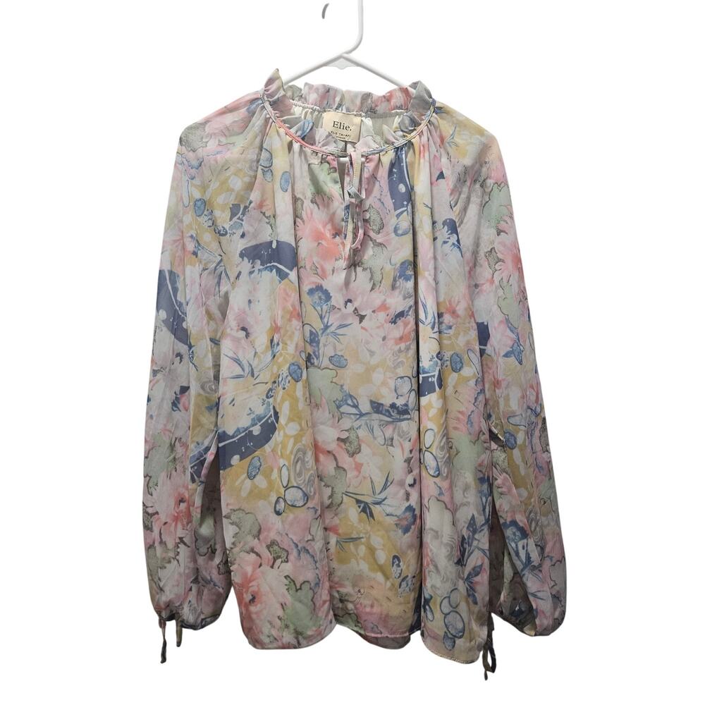 Elie Tahari Woman 2X Floral Sheer Peasant Blouse Tie Neck Romantic